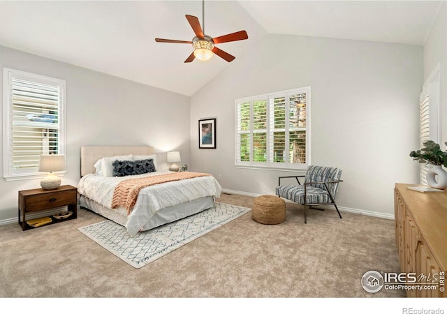 carpeted bedroom with baseboards, high vaulted ceiling, and ceiling fan