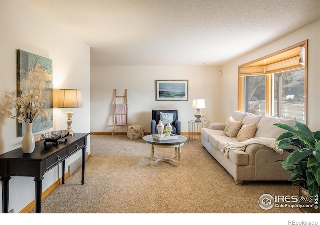 carpeted living room featuring baseboards and a textured ceiling