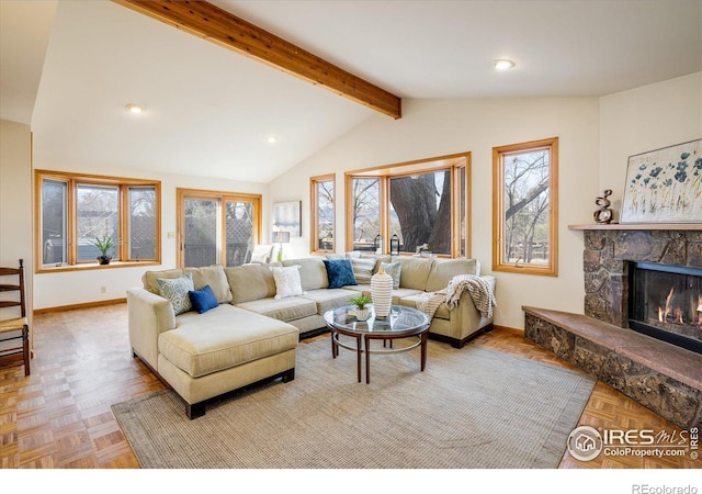 living area featuring baseboards, a fireplace, and vaulted ceiling with beams