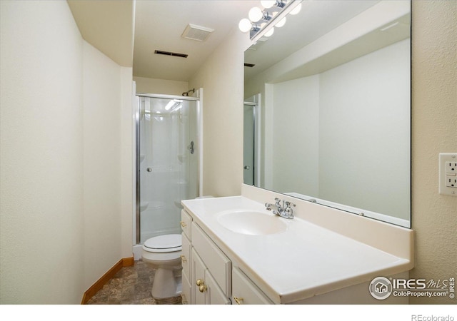 full bath with visible vents, vanity, toilet, and a shower stall