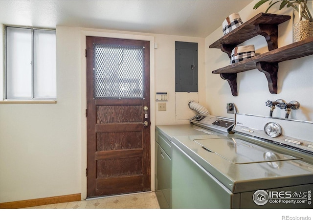 washroom featuring washer and dryer, laundry area, electric panel, and baseboards