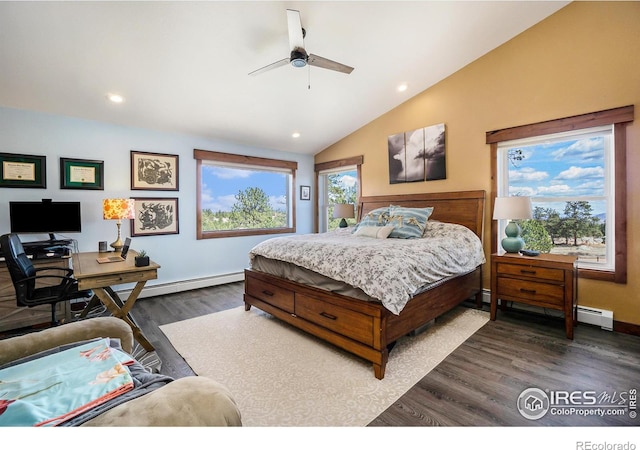 bedroom featuring recessed lighting, lofted ceiling, baseboard heating, and dark wood finished floors