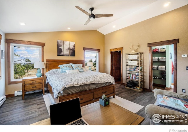 bedroom with a baseboard heating unit, ceiling fan, lofted ceiling, recessed lighting, and wood finished floors