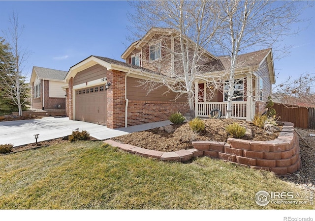 view of front of house featuring brick siding, fence, a porch, a garage, and driveway