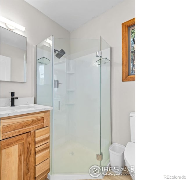 full bath with toilet, a stall shower, and vanity