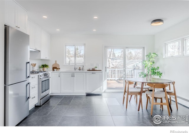 kitchen featuring a sink, stainless steel appliances, recessed lighting, and white cabinetry