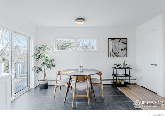 dining space featuring baseboard heating, a healthy amount of sunlight, and a baseboard heating unit