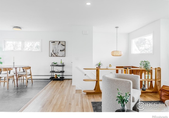 dining area with a healthy amount of sunlight, a baseboard heating unit, and wood finished floors