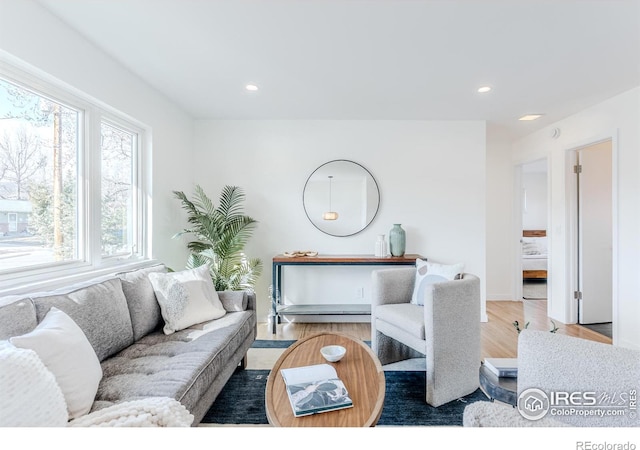 living area with recessed lighting and wood finished floors