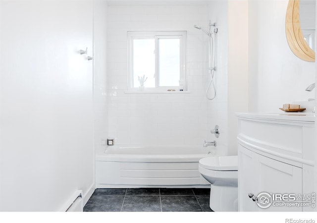 bathroom featuring tile patterned floors, toilet, shower / tub combination, baseboard heating, and vanity