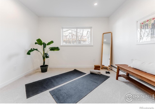 workout area with recessed lighting, carpet, and baseboards