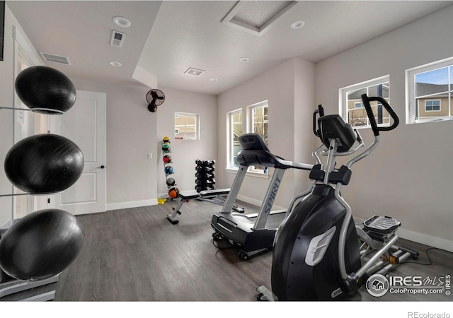 exercise room with visible vents, baseboards, and wood finished floors