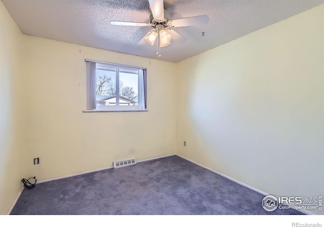 unfurnished room with visible vents, carpet floors, a textured ceiling, and a ceiling fan