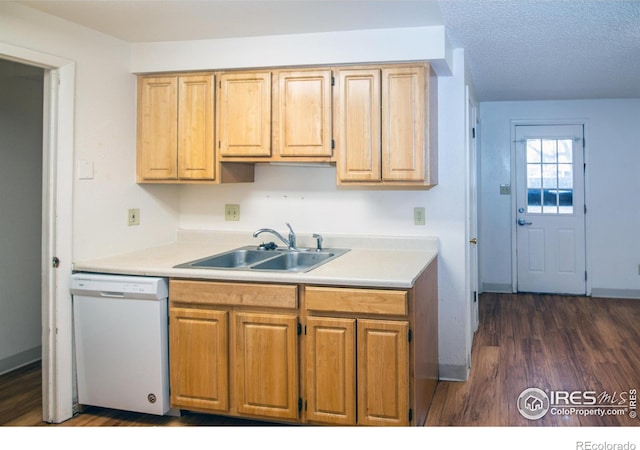 kitchen featuring a sink, dishwasher, dark wood-style flooring, and light countertops