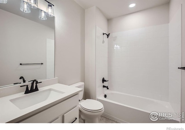 1685 Crystalline Dr, Windsor, CO 80550 - bathroom featuring toilet, vanity, bathtub / shower combination, and recessed lighting
