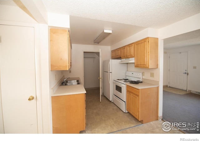1351 Emery St, Longmont, CO 80501 - kitchen with under cabinet range hood, a sink, a textured ceiling, white appliances, and light countertops