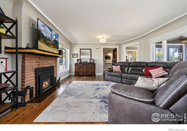 living room with dark wood finished floors, a healthy amount of sunlight, a fireplace, and baseboards