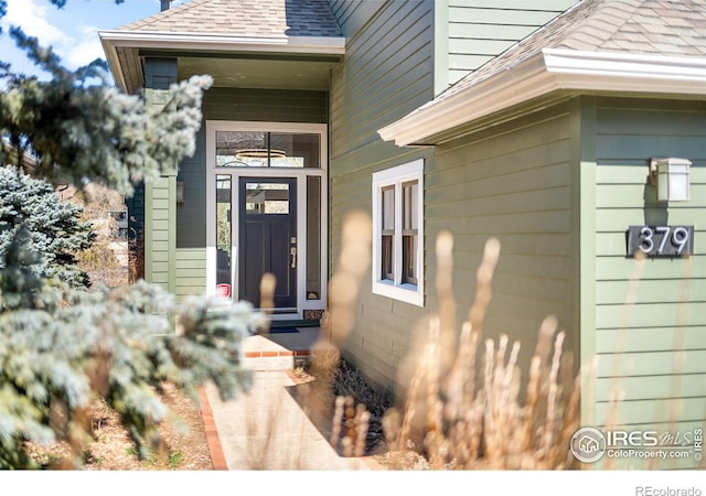 doorway to property with roof with shingles