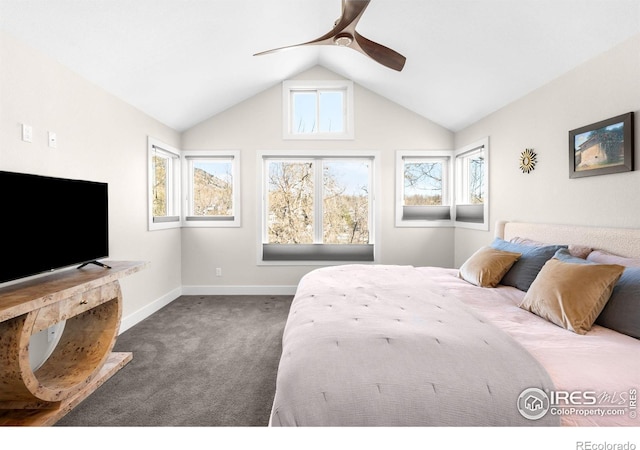 carpeted bedroom with lofted ceiling, baseboards, and ceiling fan