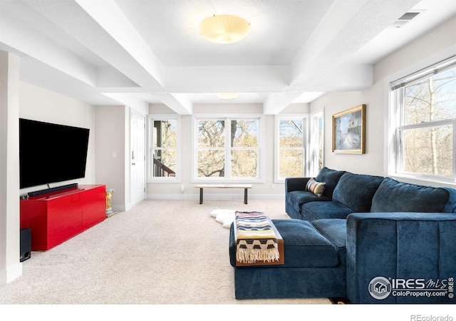 living room featuring a wealth of natural light, baseboards, and carpet floors