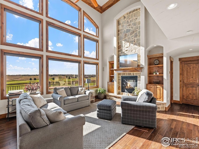 living area with baseboards, a healthy amount of sunlight, a fireplace, and dark wood-style flooring