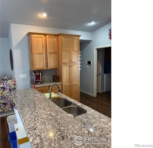 kitchen with a sink, light stone countertops, and dark wood-style flooring