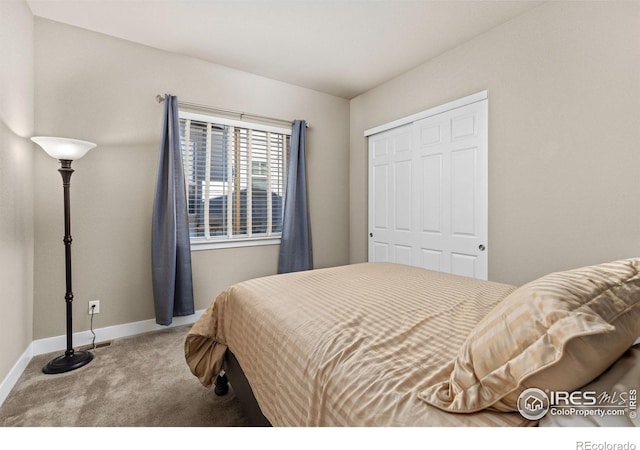 carpeted bedroom featuring baseboards and a closet