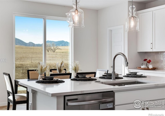 kitchen featuring dishwasher, backsplash, white cabinetry, and a sink