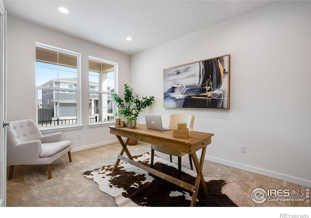 home office with light carpet, recessed lighting, and baseboards