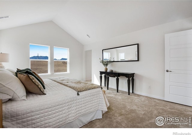 bedroom with visible vents, baseboards, lofted ceiling, and carpet floors