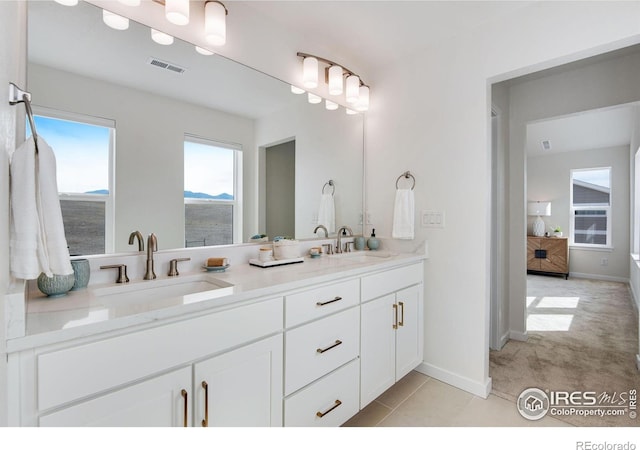 full bathroom featuring double vanity, visible vents, baseboards, and a sink