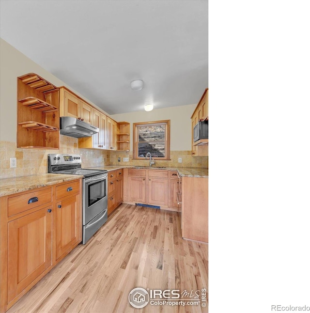 15 Golden Age Rd, Jamestown, CO 80455 - kitchen featuring appliances with stainless steel finishes, open shelves, under cabinet range hood, light wood-style flooring, and backsplash