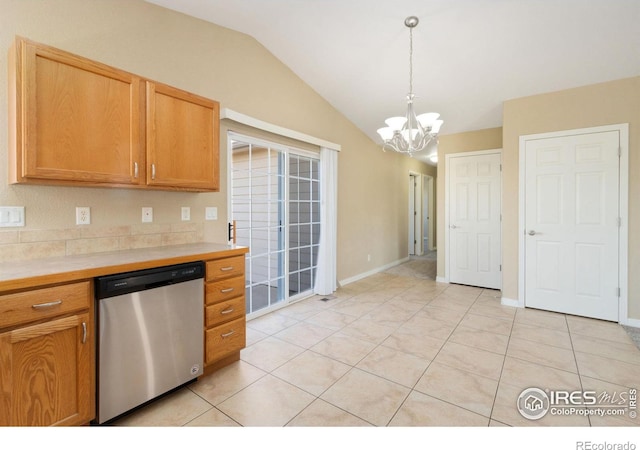 kitchen featuring decorative light fixtures, an inviting chandelier, light countertops, dishwasher, and vaulted ceiling