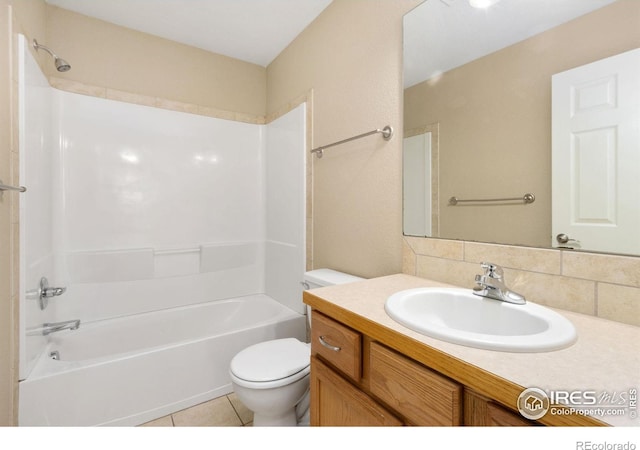 full bathroom with vanity,  shower combination, tile patterned flooring, decorative backsplash, and toilet