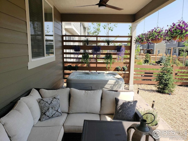 view of patio with outdoor lounge area, a ceiling fan, and fence