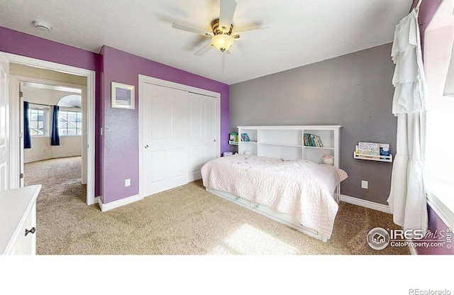 1386 Plains Ct, Eaton, CO 80615 - bedroom featuring carpet flooring, a ceiling fan, baseboards, and a closet