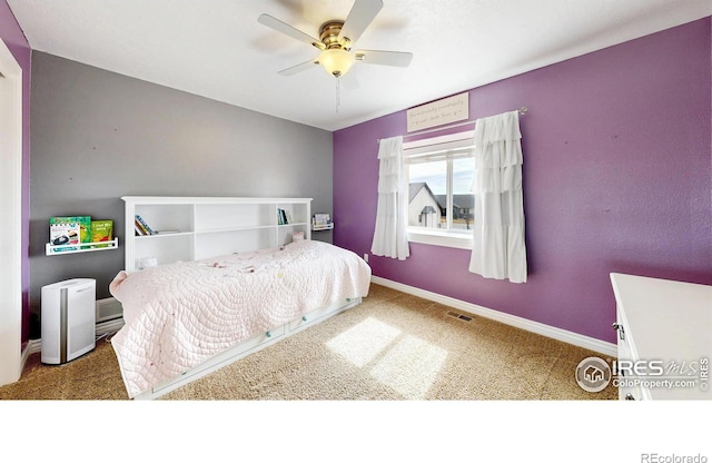 1386 Plains Ct, Eaton, CO 80615 - carpeted bedroom featuring visible vents, baseboards, and ceiling fan