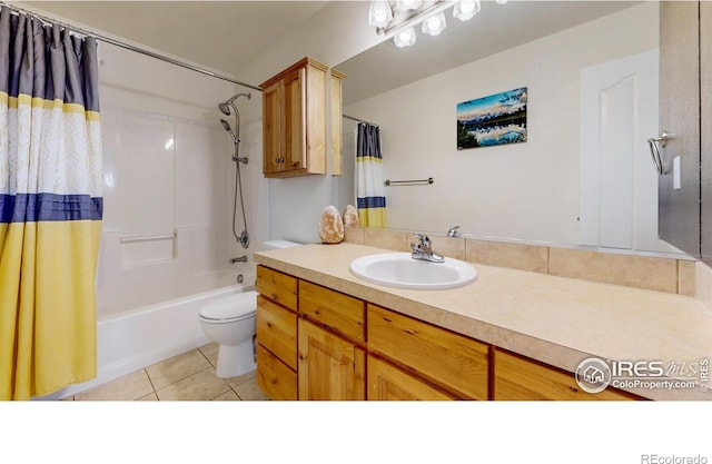 1386 Plains Ct, Eaton, CO 80615 - bathroom with vanity, tile patterned floors, shower / tub combo, and toilet