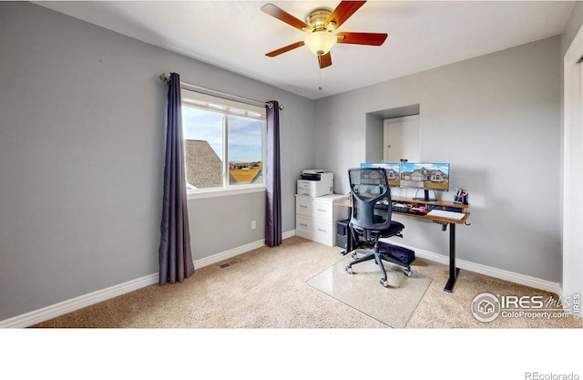 1386 Plains Ct, Eaton, CO 80615 - home office featuring visible vents, a ceiling fan, baseboards, and light carpet