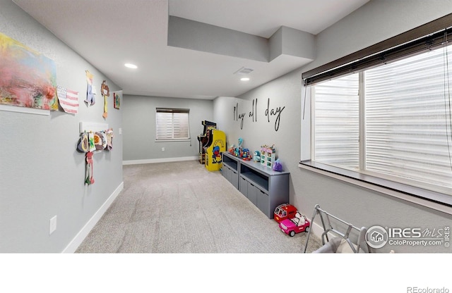 1386 Plains Ct, Eaton, CO 80615 - rec room featuring visible vents, recessed lighting, carpet, and baseboards