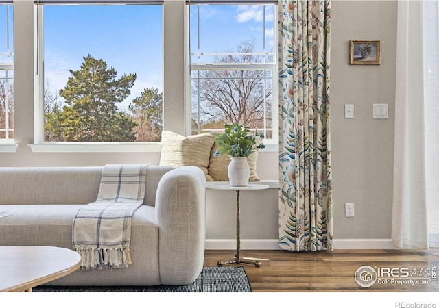 living area with baseboards and wood finished floors