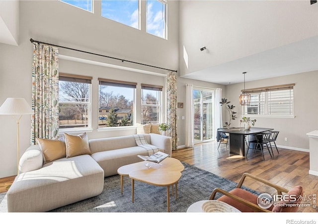 living area with baseboards, wood-type flooring, and a towering ceiling