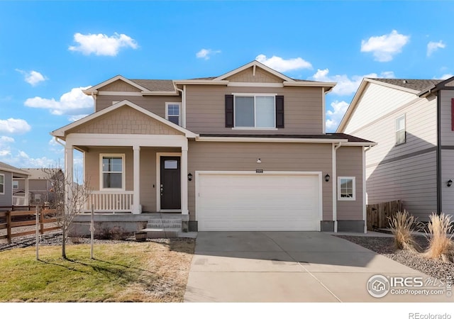 view of front of home with concrete driveway, an attached garage, fence, and covered porch