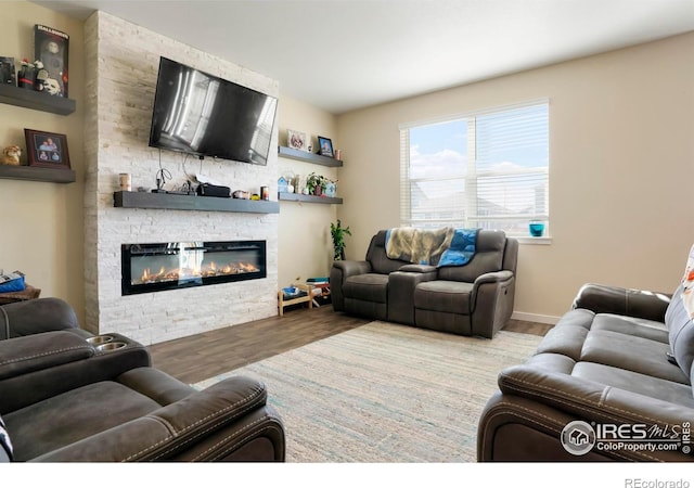 living area featuring a stone fireplace and wood finished floors