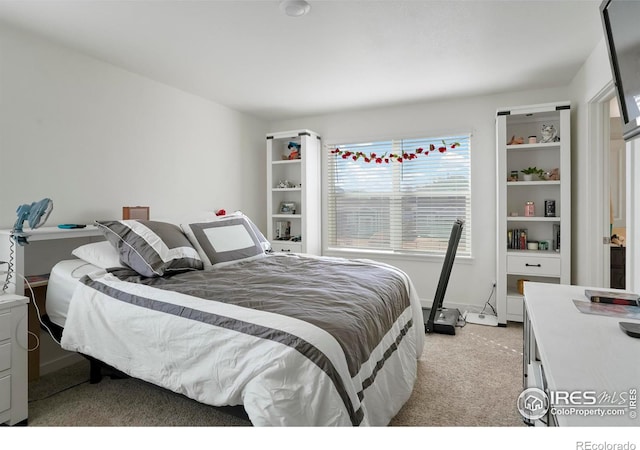 bedroom featuring baseboards and light colored carpet