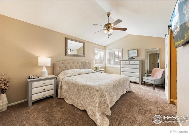 bedroom with baseboards, a ceiling fan, lofted ceiling, and dark colored carpet