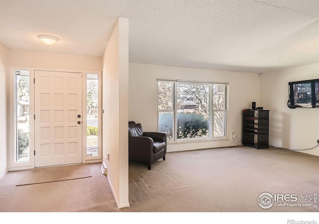 foyer entrance with carpet flooring and a textured ceiling