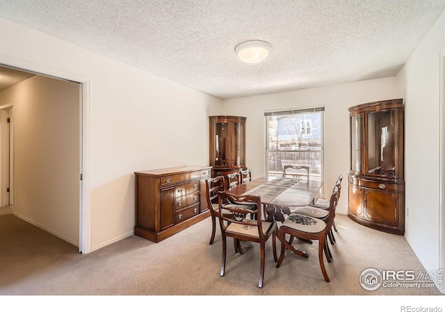 dining room with light carpet and a textured ceiling