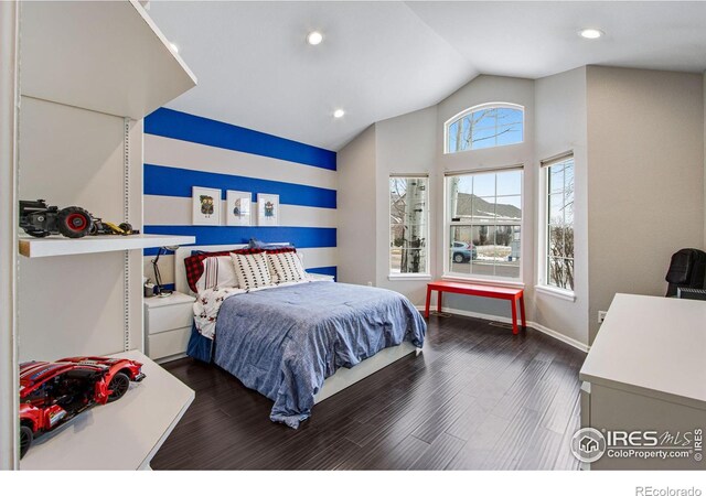 2073 River W Dr, Windsor, CO 80550 - bedroom featuring lofted ceiling, wood finished floors, and recessed lighting
