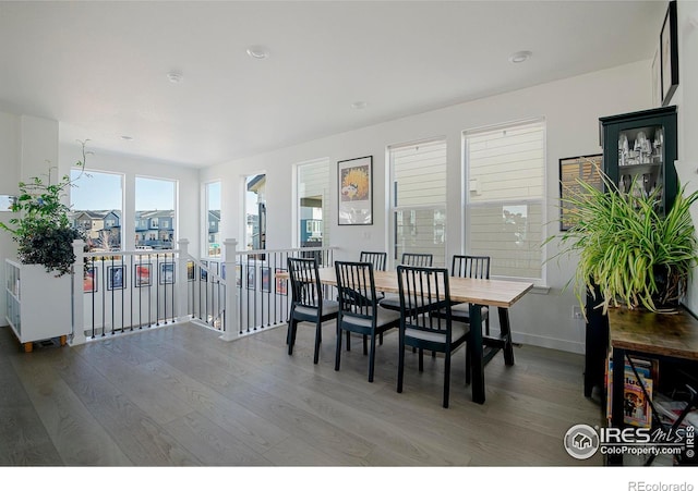 dining space featuring baseboards and wood finished floors